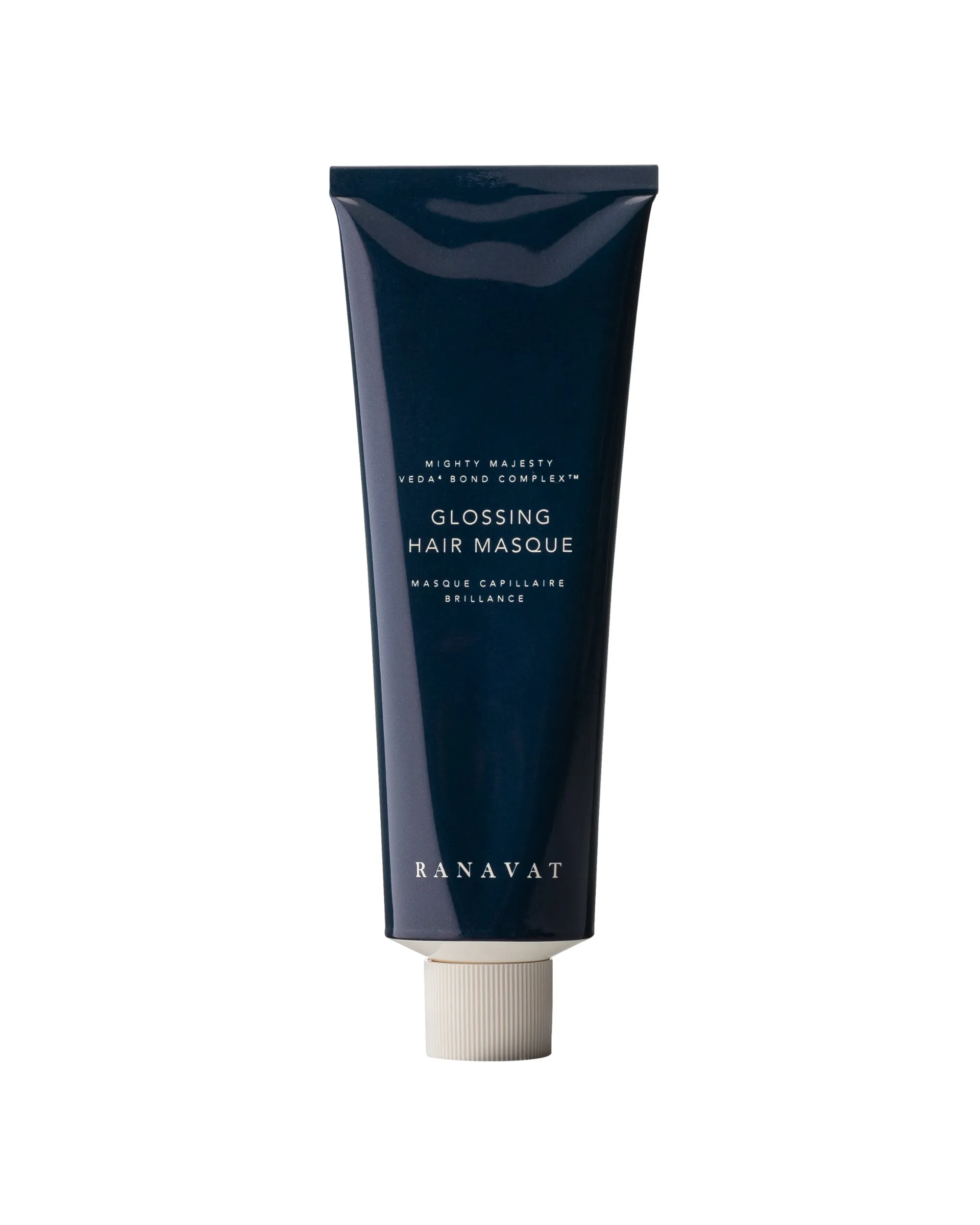 RANAVAT Glossing Hair Masque 150 ml v tmavomodré tubě na bílém pozadí